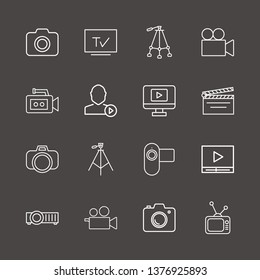 Outline 16 film icon set. photo camera, camera, tripod and tv vector illustration