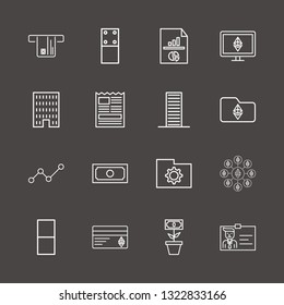 Outline 16 finance icon set. ethereum folder, money, newspaper and domino vector illustration