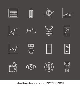Outline 16 finance icon set. domino, eye with money, analytics chart and newspaper vector illustration