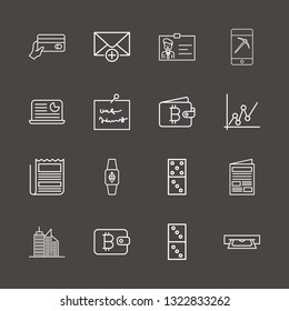 Outline 16 finance icon set. building, domino, laptop with analytic and ethereum watch vector illustration