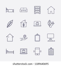 Outline 16 flat icon set. comod, leaf, desktop, smartphone vibration, home, hand with gear, laptop with suitcase, sofa, clipboard and bed vector illustration