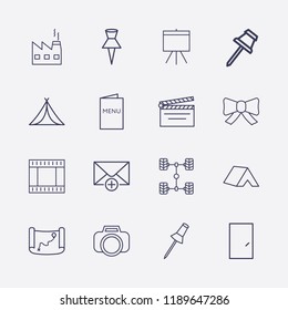 Outline 16 frame icon set. movie clapper, menu, tent, add message, car chassis, bow, paper pin, film strip, photo camera, board, old map, factory and door vector illustration