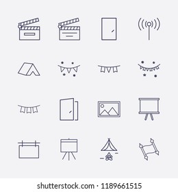 Outline 16 frame icon set. open door, old paper, signal, tent, garland, board, advertising board, movie clapper, door, picture and garlands vector illustration