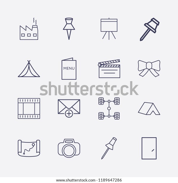Outline 16 frame\
icon set. movie clapper, menu, tent, add message, car chassis, bow,\
paper pin, film strip, photo camera, board, old map, factory and\
door vector\
illustration