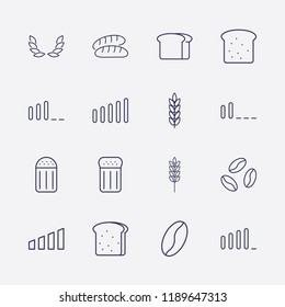 Outline 16 grain icon set. wheat, bread, spike, signal bars, coffee bean and salt vector illustration