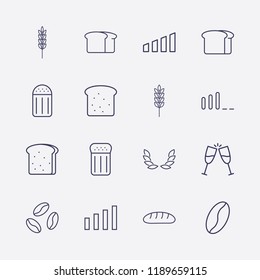 Outline 16 grain icon set. toast, spike, bread, wheat, salt, signal bars and coffee bean vector illustration