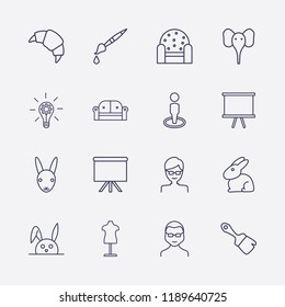 Outline 16 grey icon set. mannequin, board, man, armchair, croissant, brush, lamp with gear, sofa, elephant, glasses man and rabbit vector illustration