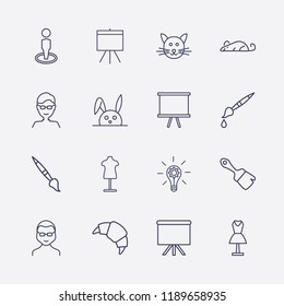 Outline 16 grey icon set. board, rat, rabbit, glasses man, man, croissant, cat, lamp with gear, mannequin and brush vector illustration