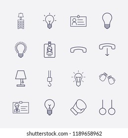 Outline 16 hanging icon set. id card, lampshade, boxing gloves, crane hook, handset down, boxing glove, sport ring and lamp vector illustration