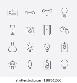 Outline 16 hanging icon set. handset down, beer billboard, wedding dress, lamp, id card, wardrobe, boxing gloves, lampshade and hang up vector illustration