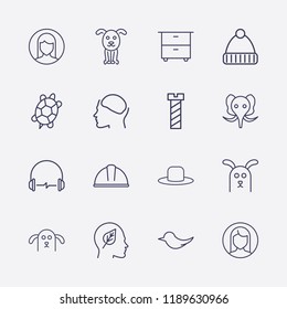 Outline 16 head icon set. woman user, elephant, dog, comod, old hat, bird, head in brain, screw, winter hat, head with leaf, turtle, headphone and safety helmet vector illustration