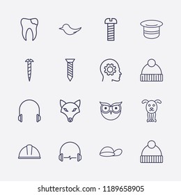 Outline 16 head icon set. bird, old hat, head with gear, owl, cap, screw, dog, broken tooth, headphone, safety helmet and winter hat vector illustration