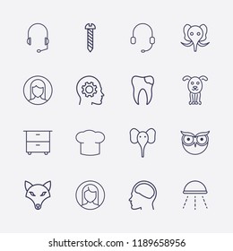 Outline 16 head icon set. elephant, dog, comod, headphone, shower, woman user, owl, head with gear, screw, head in brain, broken tooth and chef hat vector illustration