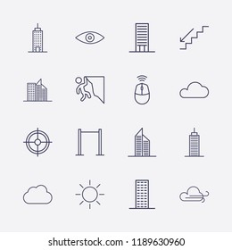 Outline 16 High Icon Set. Pull Up, Cloud, Aim, Sun, Building, Eye, Stairs Down, Mouse Wifi And Rock Climber Vector Illustration