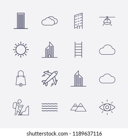 Outline 16 High Icon Set. Helicopter, Ladder, Sun, Airplane, Wave, Mountain, Building, Shopping Bag Remove, Rock Climber, Eye And Cloud Vector Illustration