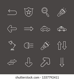 Outline 16 illuminated icon set. flashlight, police badge, headlamp and zoom out vector illustration