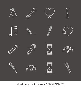 Outline 16 instrument icon set. speedometer, pen, stationery knife and test tube vector illustration
