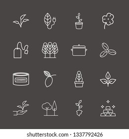 Outline 16 leaf icon set. tea bag, hand with plant, plant pot and flower pot vector illustration