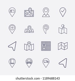 Outline 16 location icon set. cash withdrawal, home location, map, add , truck , arrow, car , pin check, library location and map location vector illustration