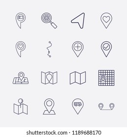Outline 16 location icon set.  arrow,  check, love location, map , map, bus location, distance map, add ,  cash withdrawal and search setting vector illustration