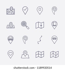 Outline 16 location icon set. map, search setting, home location, car location, love ,  home, map , bus location and distance map vector illustration