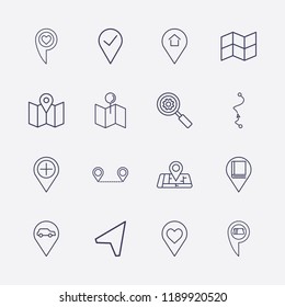 Outline 16 location icon set. love ,  home, distance map, car , map location, search setting,  location cash withdrawal and library location vector illustration