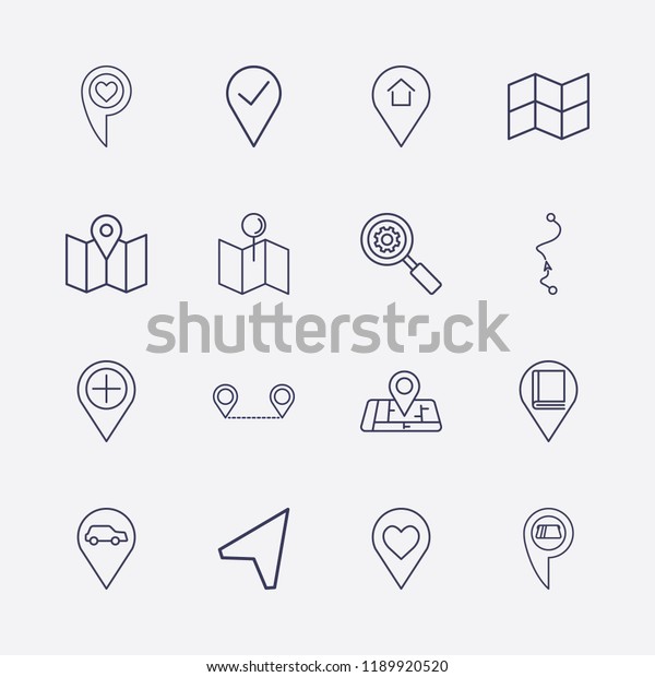 Outline 16 location icon\
set. love ,  home, distance map, car , map location, search\
setting,  location cash withdrawal and library location vector\
illustration
