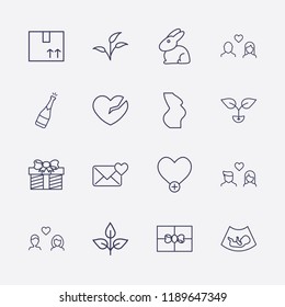 Outline 16 love icon set. gift, pregnant, broken heart, lovers, mail love, rabbit, add heart, plant, ultrasound baby, box and champagne bottle vector illustration