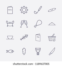 Outline 16 lunch icon set. fish, chicken leg, dish, setting, check basket, menu, toast, doner food, sausage, ladle, lobster, bowl, restaurant menu, crab and knife vector illustration