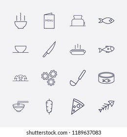 Outline 16 lunch icon set. toster, hot dog, menu, pork, bowl, fish, ladle, doner food, knife, setting, fish canned and pizza vector illustration