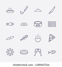 Outline 16 lunch icon set. plate, dish, setting, hot dog, bowl, pizza, pork, menu, ladle, fish, knife, fish canned, toast and sausage vector illustration