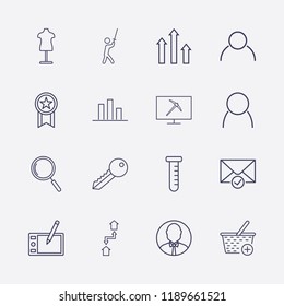 Outline 16 man icon set. draw tablet, samurai, mannequin, exchange home, monitor with mining, chart, search, check message, key, award, add to basket, user and tube vector illustration