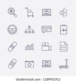 Outline 16 man icon set. credit card chat, chart, plaster, road time, medicine clipboard, document list, ethereum search and laptop with suitcase vector illustration