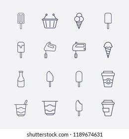 Outline 16 milk icon set. hand mixer, milk bottle, ice cream, shopping basket, coffee cup and yogurt vector illustration