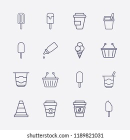 Outline 16 milk icon set. baby bottle, shopping basket, cone, yogurt, coffee cup and ice cream vector illustration