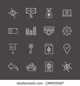 Outline 16 money icon set. pin check, equalizer, share arrow and ethereum with book vector illustration