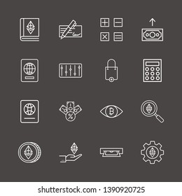 Outline 16 money icon set. eye with bitcoin, ethereum search, calculator and ethereum with hand vector illustration