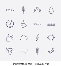 Outline 16 nature icon set. dog, lovers, sun, drop, tea bag, egg, plant, spike, wave, cloud, earth, tea, wind, energy and quad vector illustration