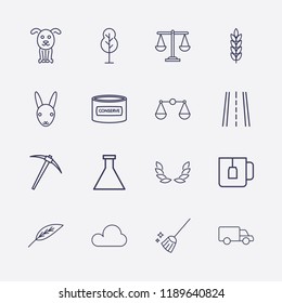 Outline 16 nature icon set. cloud, dog, teacup, spike, miner, road, tree, wheat, rabbit, truck, leaf, broom, conserve, balance and flask vector illustration