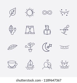 Outline 16 nature icon set. garlands, infinity, leaf energy, tea cup, read the book, skiing, leaf, binoculars, pot flower, lovers, boat, moon, garland and sun vector illustration