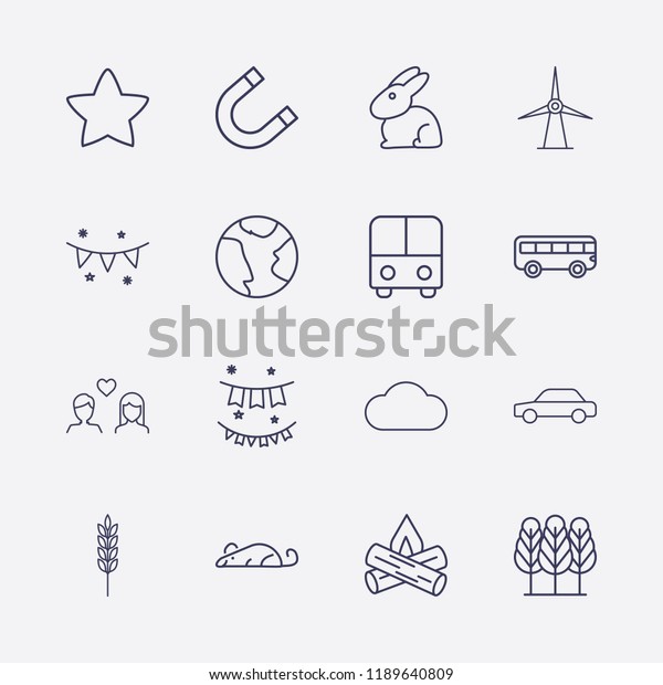 Outline 16 nature icon set. garlands,\
star, magnet, cloud, windmill, bus, lovers, tree, spike, bonfire,\
rat, garland, car, earth and rabbit vector\
illustration