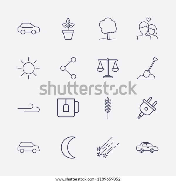Outline 16 nature icon set.\
tree, shovel in the ground, teacup, moon, star fall, flower pot,\
lovers, balance, share, sun, plug, wind, car and spike vector\
illustration
