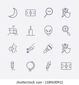 Outline 16 Night Icon Set. Globe, Football Pitch, Football Field, Zoom Out, Star Fall, Alien, Zoom, Candle, Flashlight, Moon, Police, Lovers, Road Time And Fireworks Vector Illustration