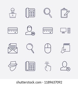 Outline 16 notebook icon set. hand with book, click, user mail, search user, mail document, laptop worker, search, clipboard, detective, credit card, home phone and pc vector illustration