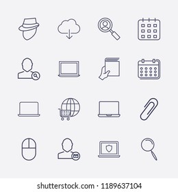 Outline 16 notebook icon set. laptop, click, paper clip, online shopping, detective, search user, search, user mail, laptop shield, calendar, cloud download and hand with book vector illustration