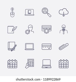 Outline 16 notebook icon set. account settings, cloud download, online book reading, calendar, book and pencil, search user, paper clip, creative businessman and online shopping vector illustration