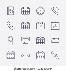 Outline 16 number icon set. calendar check, calendar with birthday cake, calendar, phone book, handset remove, clock, award medal, handset, handset down and card withdrawal vector illustration