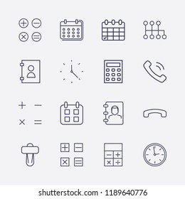 Outline 16 number icon set. calendar, speed shifter, phone book, calculator, car shifter, clock, handset and handset down vector illustration