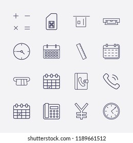 Outline 16 number icon set. card withdrawal, calendar check, calendar, sim card, phone book, clock, home phone, calculator, handset, yen and ruler vector illustration