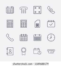 Outline 16 number icon set. dice, calendar time, phone book, handset remove, calendar, card withdrawal, award medal, calculator, clock and sim card vector illustration